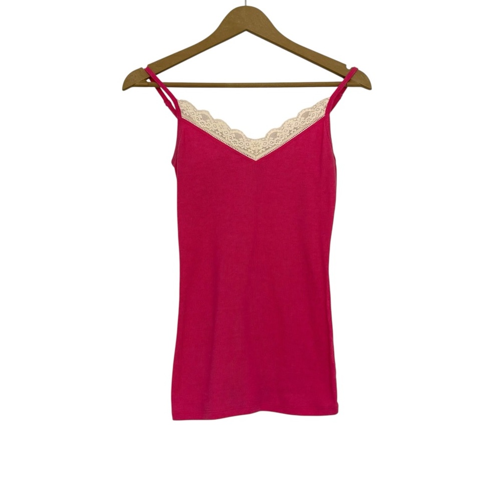Old Navy Pink Lace Trim Y2K Cami Top Colorful Elena Gilbert Style Ribbed Knit